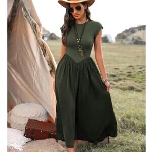 Boho Festival Maxi Dress Army Green Ribbed Sz M Silky Short Sleeve Summer NEW